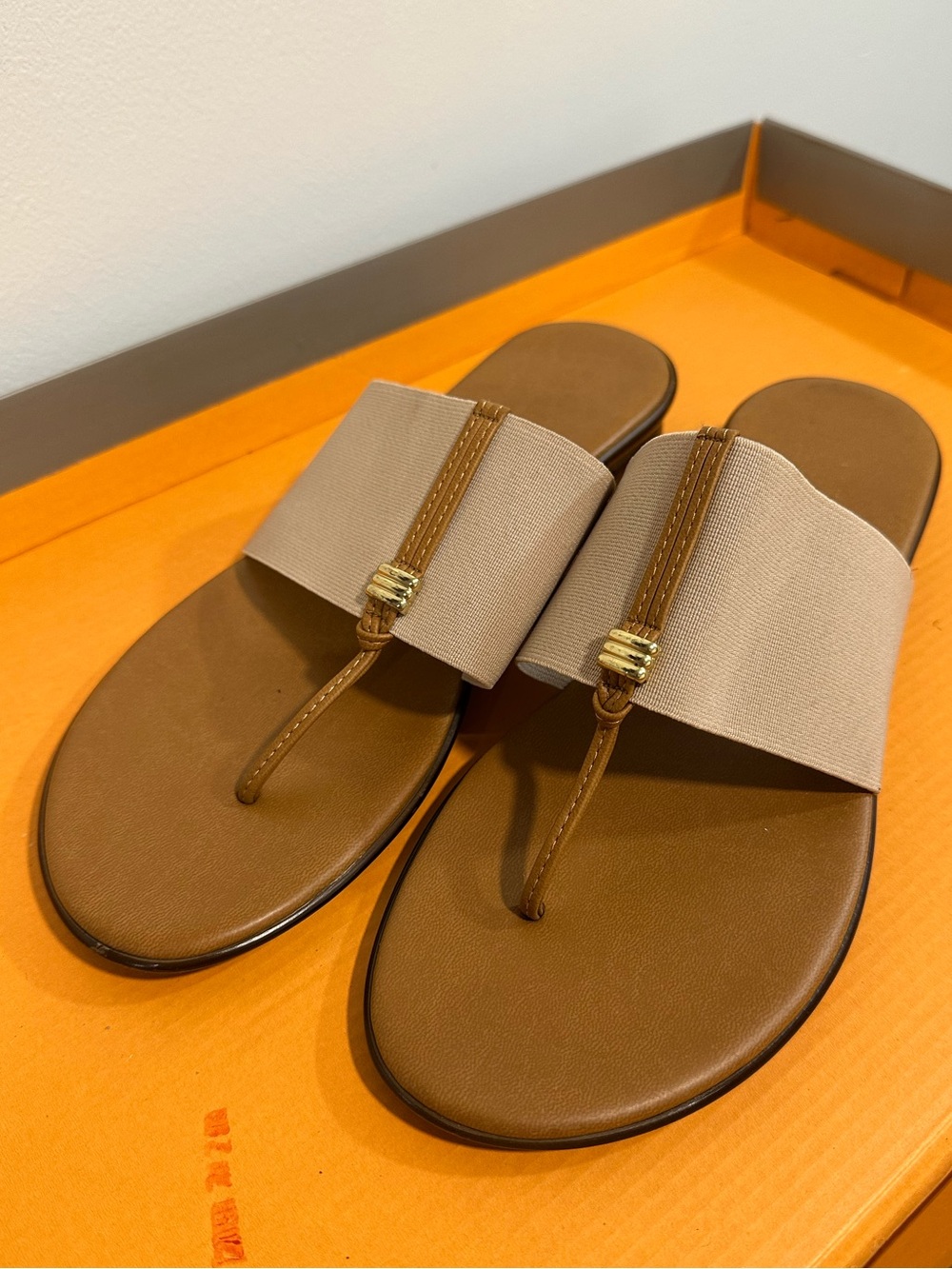 Beige and Brown Wide-strap Thong Sandals